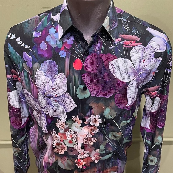 Deniko shirt button front eggplant floral rhinestones regular fit - Picture 3 of 4